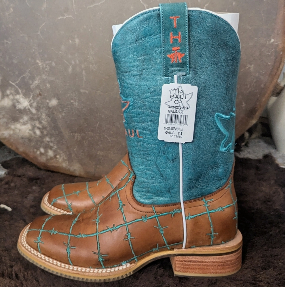 TIN HAUL "Barb'd Wire" turquoise & brown leather square toe cowgirl boots sz 7.5 - Picture 4 of 16